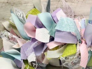 Pastel Easter lavender, pink, robin's egg blue, white, lace, fabric garland
