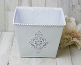 White & silver cottage chic embossed tin planter