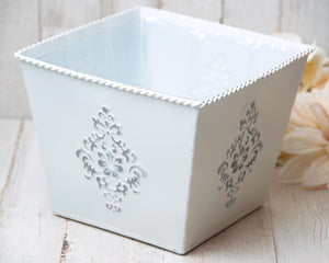 White pot cover, Distressed silver and white planter, White ornate pot cover, Shabby chic planter pot, JaBella Designs