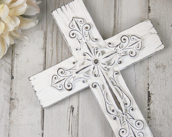 Ornate shabby distressed white wall cross