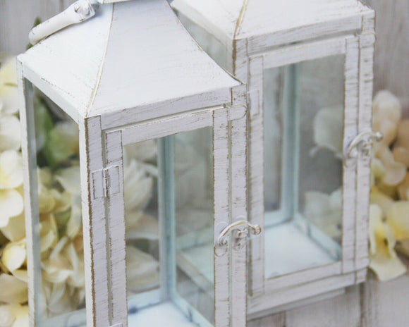 Lanterns, Lantern Set, Candle Holders, White, Gold, Distressed, Shabby Chic, Cottage Style, Farmhouse, Home Decor, Party Decorations, JaBella Designs