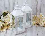 gold and white distressed candle lanterns, candle lantern decor, pair of lanterns, wedding decorations, shabby chic candle lanterns, Farmhouse chic lanterns